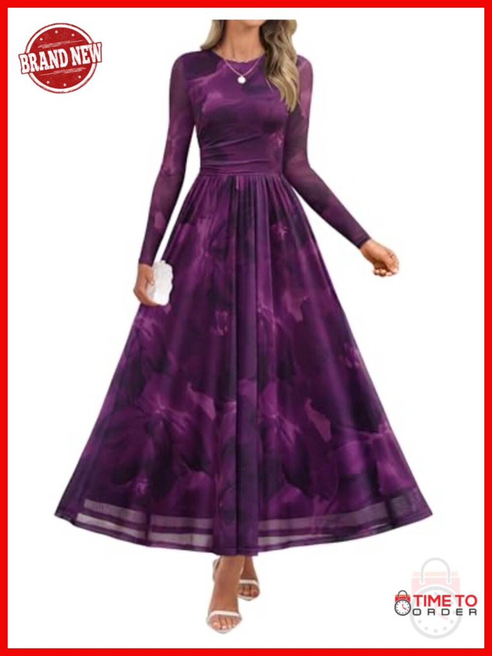 ZESICA Long Sleeve Mesh A-Line Maxi Dress Ruched Waist Wedding Guest